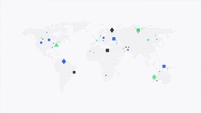 2D animated clean minimalist world map with blinking location data nodes for international logistics, global trade, and franchise network videos