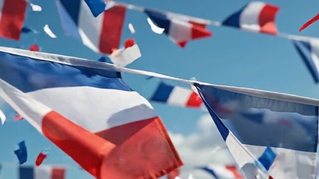 French Flags Bunting Waving in Wind with Falling Confetti for National Celebration