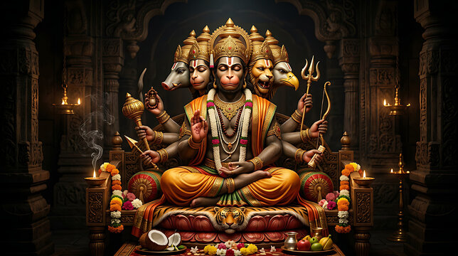 Intricate depiction of a multi-headed Hindu deity seated on a throne within a richly adorned temple setting highlighting