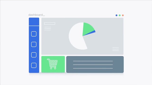2D animated clean analytics dashboard user interface with interactive pie charts and sales tracking lists for data management and corporate report ...
