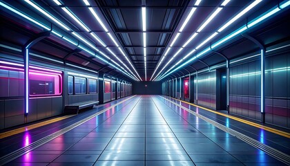 Fototapeta premium Neon lit modern subway station interior.