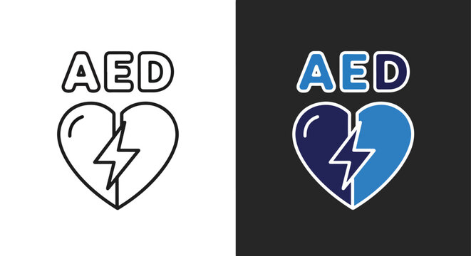 Aed vector icons with heart and lightning symbol - Minimalist, flat icon, outline, glyph, linear, clipart, sticker - icon set