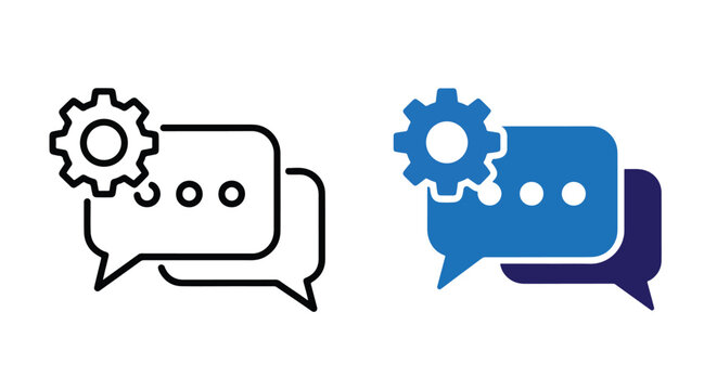 Vector gear icons with speech and thought bubbles - Minimalist, flat icon, outline, glyph, linear, clipart, sticker - icon set