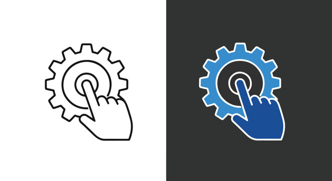 Vector gear icon with finger click illustration - Line and glyph solid icon and logo template - Clipart, sticker - icon set