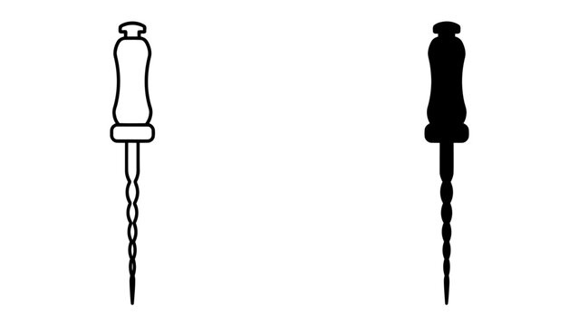 Dental Tool Iconography: A clear, minimalist illustration featuring two icons of a dental endodontic reamer, one in black and white outline and the other in solid black.
