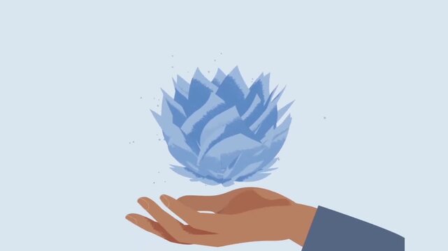 2D animated hand holding a floating glowing blue lotus flower geometric shape for meditation wellness apps, spiritual balance, and yoga studios