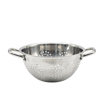A stainless steel kitchen colander with two side handles and perforated holes for draining water from cooked pasta or washed fresh vegetables