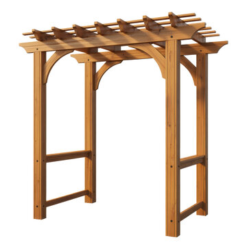 A sturdy wooden pergola structure with a slatted roof and arched support beams, isolated on a white background, for garden landscaping projects