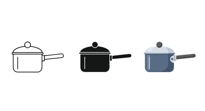 Saucepan vector icon set for kitchen: logo icons vector set. Blue, Black and white icons
