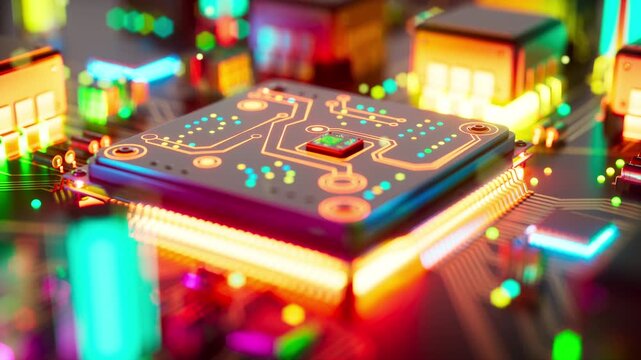 Futuristic 3D render of a glowing artificial intelligence processor installed on a high tech motherboard. Advanced digital electronics with neon lighting, cyber technology, and modern computer.