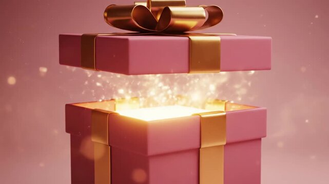 Elegant pink gift box opening with brilliant light and sparkles