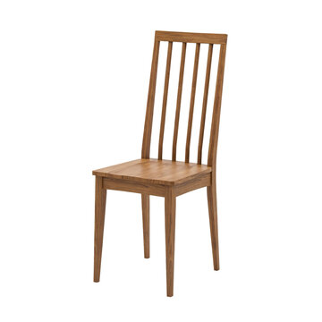 A tall wooden dining chair featuring a slatted backrest and four legs made of natural oak wood isolated on a white background