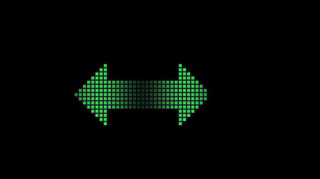 Green LED pixel arrow animation, glowing digital double-sided directional symbol, luminous electronic dot matrix indicator on black background
