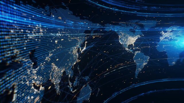 Sapphire and gold Earth map. Global rotating earth map in shades of blue with network connections. Video in loop.