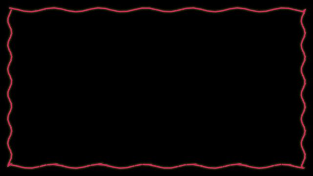 Neon red wavy frame animation on black background, glowing squiggly line border loop, vibrant electric light frame for video overlay