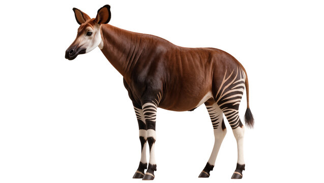 Isolated okapi standing full-body profile with distinctive black and white striped legs