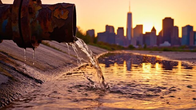 Wastewater discharging from a rusty industrial pipe into a canal with a city skyline at sunset