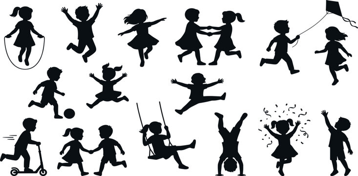 Playful Happy Children Silhouette Vector Icon Set for Elementary School Branding, Kindergarten Education Layouts, Preschool Daycare Signs, and Kids Playground Graphics