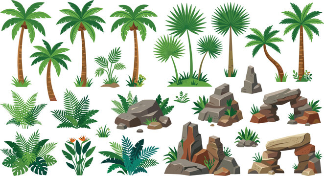 Tropical Palm Trees and Jungle Plant Vector Element Set with Exotic Botanical Foliage Ferns and Decorative Rocks Isolated on White Background