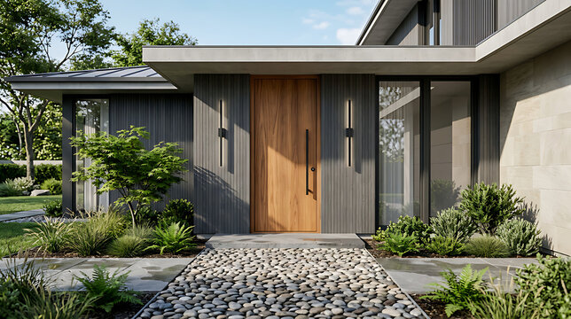 modern contemporary residential house exterior with clean design ample greenery and stylish entryway showcasing minimalist