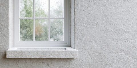 Fototapeta premium Rainy window with textured white wall