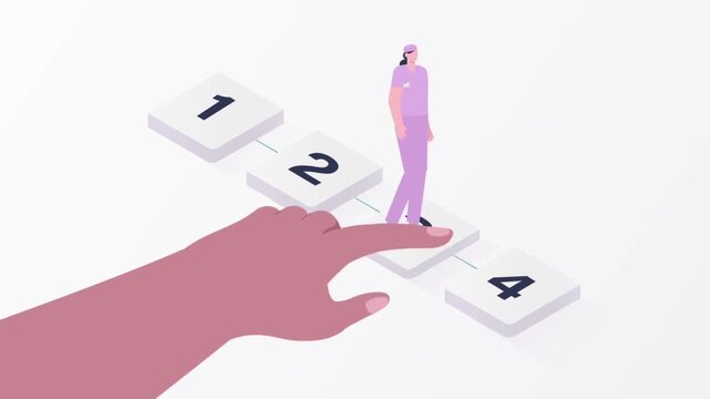 2D animated hand arranging numbered blocks for a woman climbing a step by step path towards personal career progression and workflow achievement