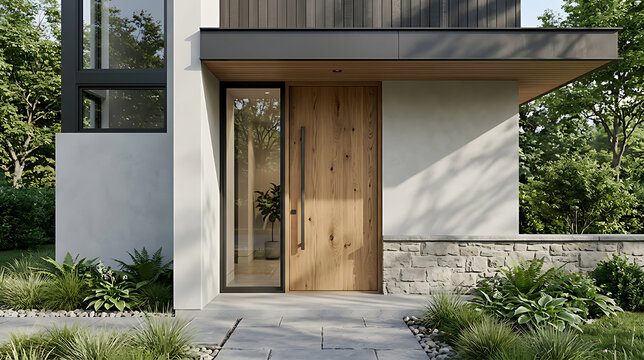 Modern minimalist wooden front door with clean lines and surrounding lush greenery for contemporary home entrance design with