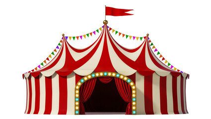 Isolated traditional red and white striped circus tent with colorful flags and illuminated entrance. © Ciara