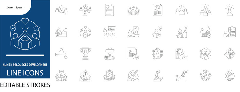 Human resources development line icon set. Featuring interview, resume, hiring, and teamwork. Vector icons for corporate recruitment prints, office training manuals, and HR software design.
