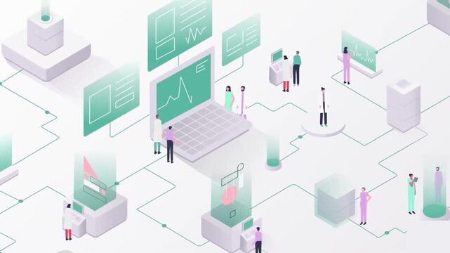 2D animated isometric hospital patient monitoring system network with clinical data screens for telemedicine software and healthcare tech promos