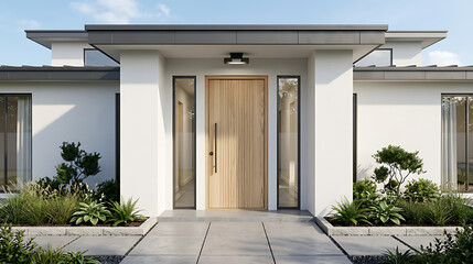 Fototapeta premium Modern minimalist residential home entrance with sleek design and lush landscaping highlighting contemporary architecture and