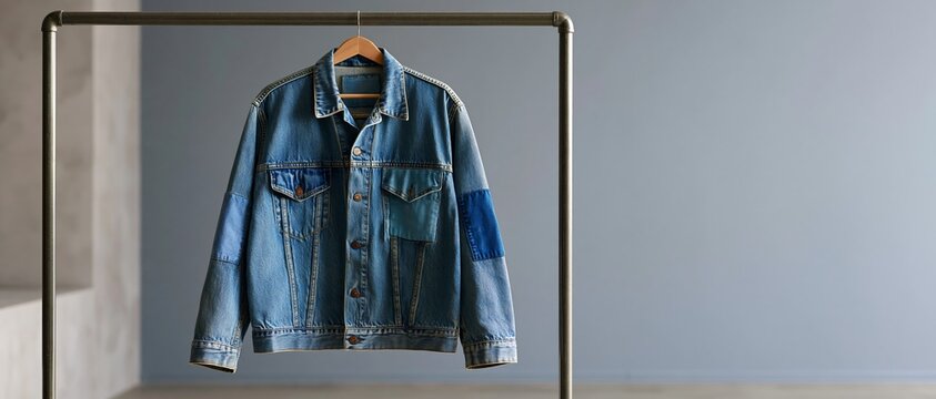 Denim jacket with patchwork hanging
