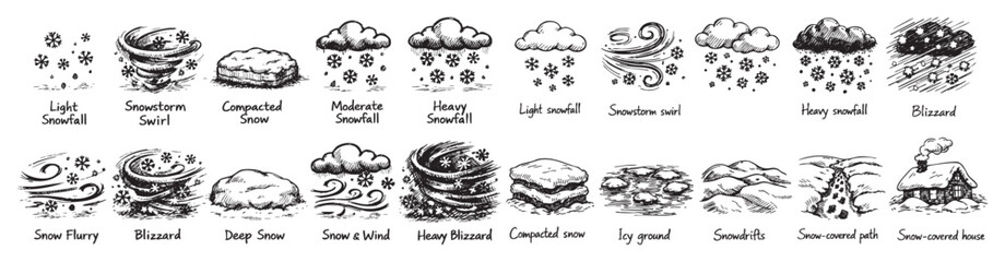 Obraz premium Comprehensive collection of hand-drawn winter weather icons and snow conditions, rendered in a detailed sketch style on a clean white background