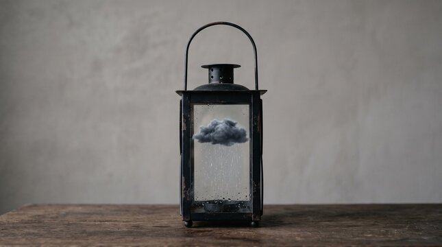 Vintage lantern with a small raincloud inside, concept of inner emotions and mood