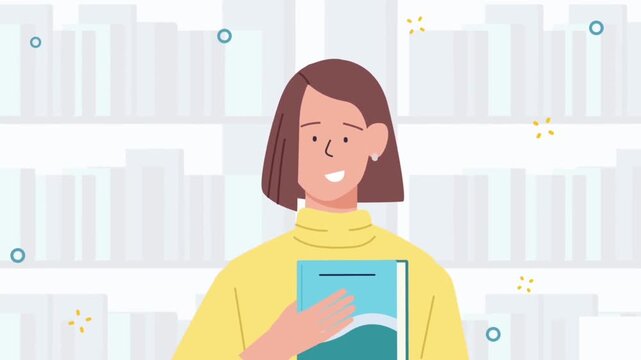 2D animated young woman character holding a textbook in front of a library bookshelf background loop for education apps and student testimonials