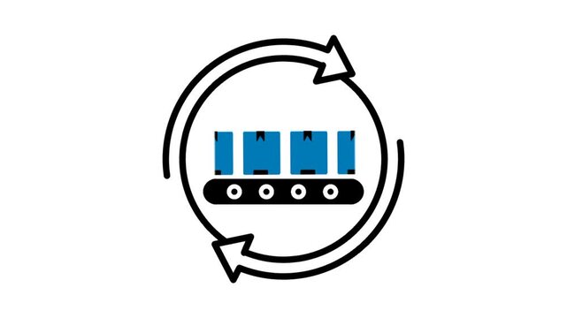 Continuous manufacturing concept featuring boxes on conveyor with circular arrow. Visual representation of automated production and industrial workflow.