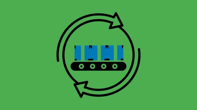 Continuous manufacturing concept featuring boxes on conveyor with circular arrow. Visual representation of automated production and industrial workflow.