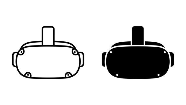 Virtual Reality Headsets: Two stylized icons representing virtual reality headsets, one in outline and one in solid black, symbolizing immersive technology and digital exploration.
