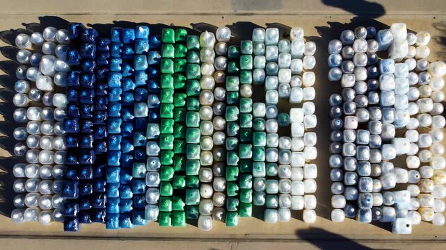 Overhead view of color sorted plastic jugs and drums arranged in dense rows and grid on outdoor concrete, forming strong bands of blue, green, white, gray and cyan under sunlight