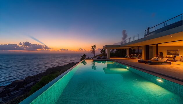Modern luxury mansion on the oceanfront with glowing pool and terrace at sunset, real estate .
