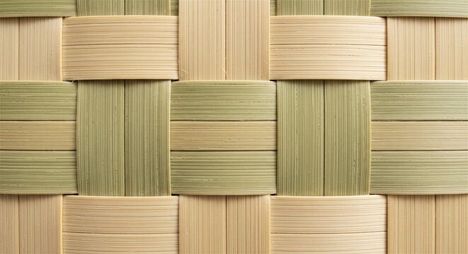 Natural woven bamboo texture, close up of interlaced wood strips, organic beige and green wicker pattern background for interior design