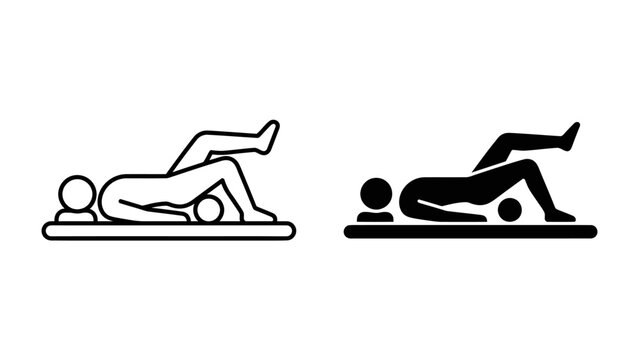 Foam Roller Exercise Icon: A minimalist depiction of a person performing a back exercise with a foam roller, presented in both outline and solid silhouette form.