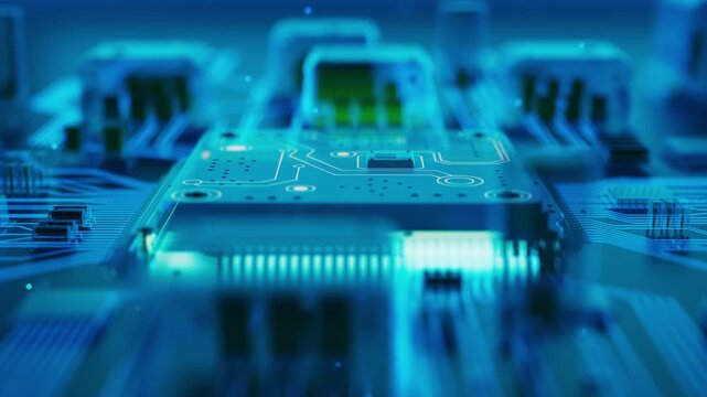 Modern 3D animation of a glowing AI microprocessor with transparent x-ray components, electronic motherboard details and futuristic digital technology style.