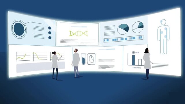 2D animated futuristic high tech dark medical control center with data telemetry overview screens for future tech and smart medicine explainers