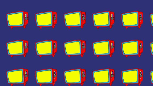 Animated retro television icon with yellow screen and red casing rotating on dark blue . Cartoon-style TV set loops in repeating pattern. For media, broadcasting, and entertainment graphics.
