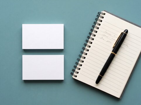Blank white business card set with notebook and pen on desk business notebook stationary template