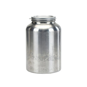 A wide cylindrical metal storage jar with a silver finish and a screw lid, showing a reflective surface, isolated on a white background view