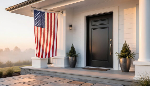 An American flag hangs on a modern white front porch featuring a bold black entry door, sleek metallic planters with small evergreen trees, and a flagstone pathway at dawn.Keywords