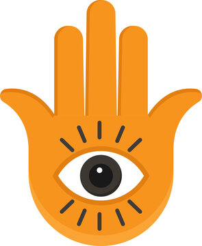 Vibrant hamsa hand illustration features detailed eye, radiating lines, symbolizing protection, good fortune, spiritual connection.