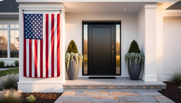 An American flag hangs on a modern white front porch featuring a bold black entry door, sleek tall planters with small trees, and a flagstone pathway during bright daylight.
